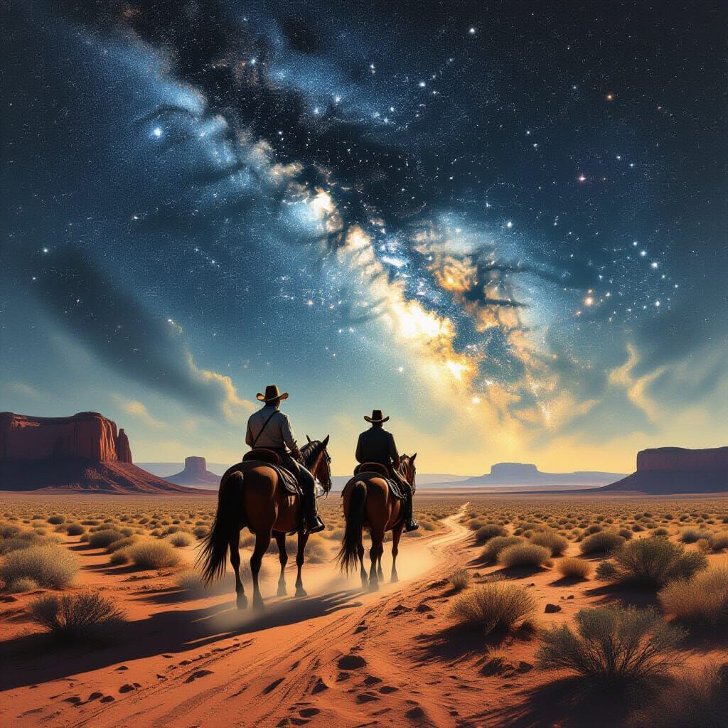 Surreal Cowboy and Horse in Desert Under Starry Sky
