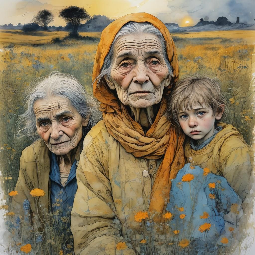 Refugees Flee at Sunrise in Aquarelle Style