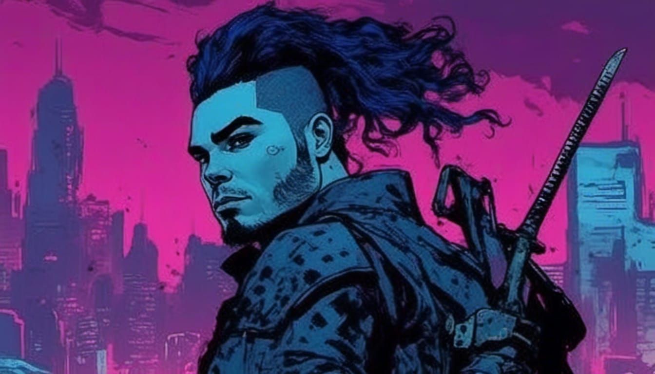 Cyberpunk Warrior Faces Demon in Neon Cityscape