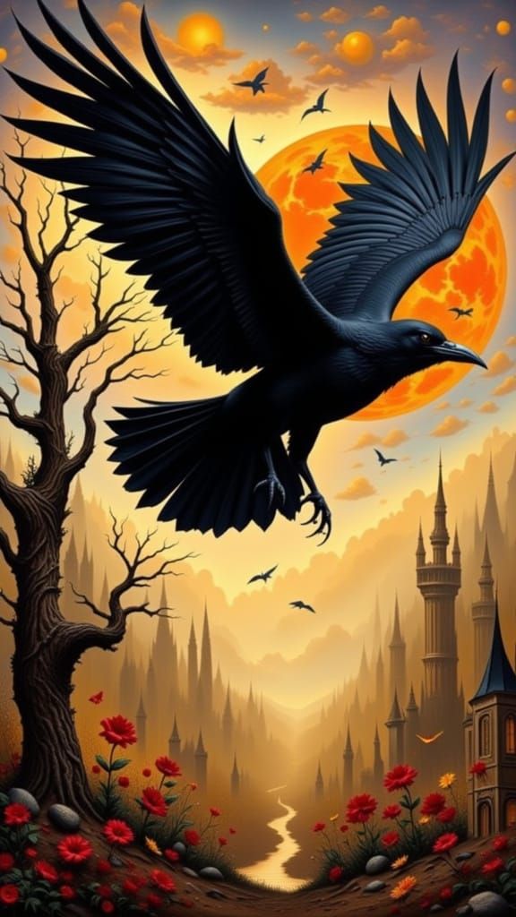 Flying Raven in Impasto Style