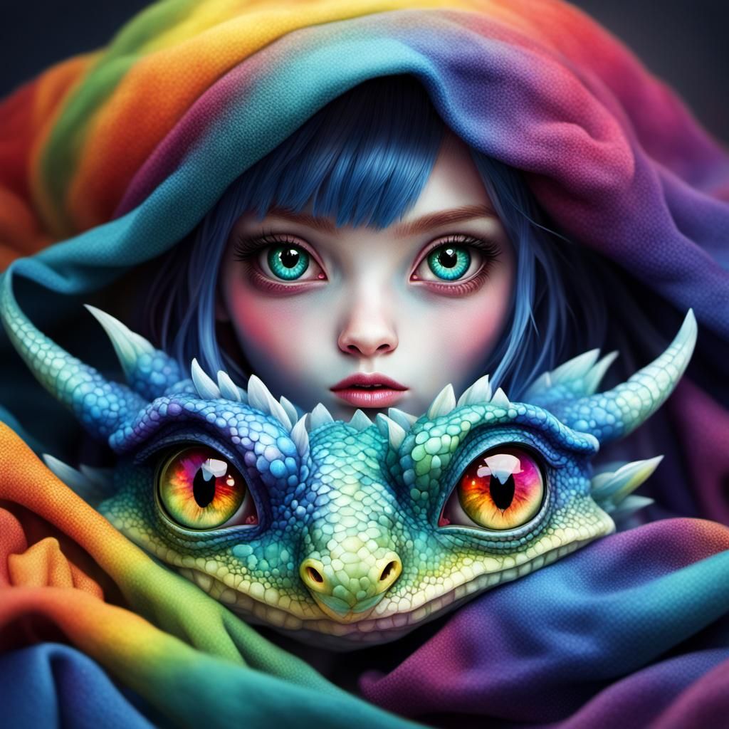 Girl and Adorable Rainbow Dragons, Hyperrealistic Digital Ar...