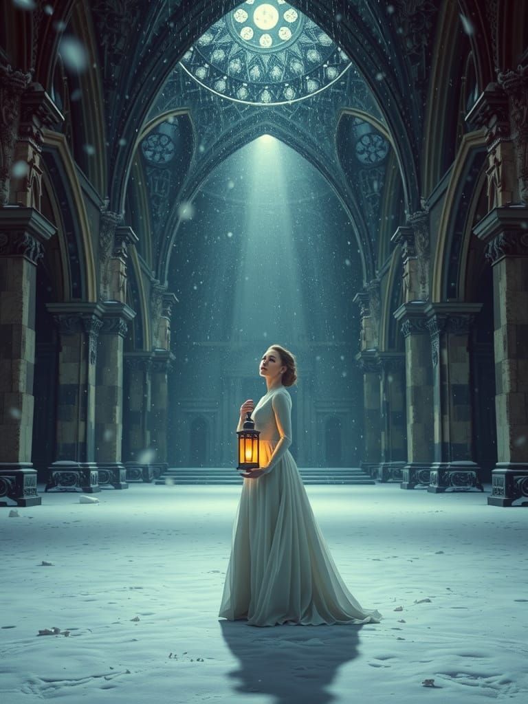 Woman with Lantern in Snowy Cathedral Ruins