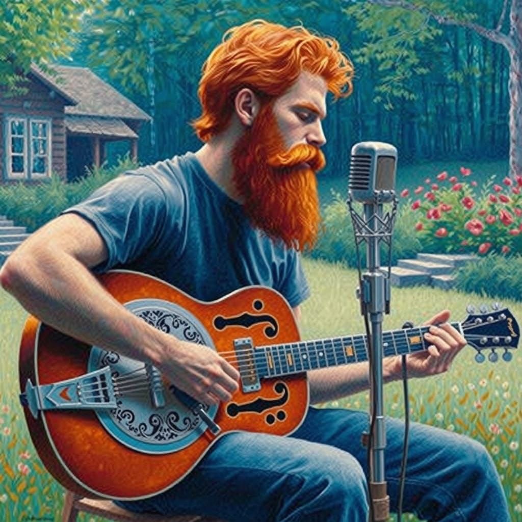 Redhead Country Artist Performing in Pointillist Style