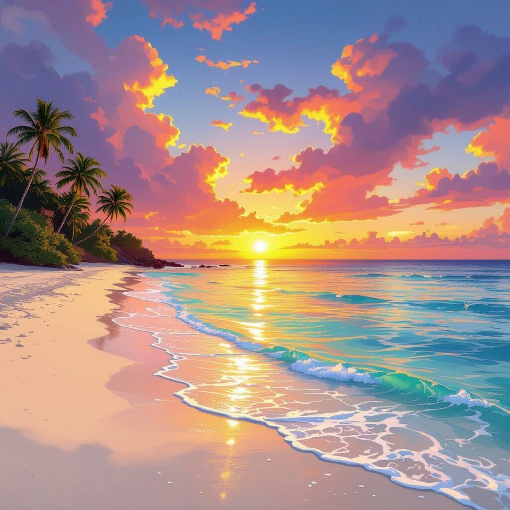 Vibrant Tropical Beach Sunset Digital Painting