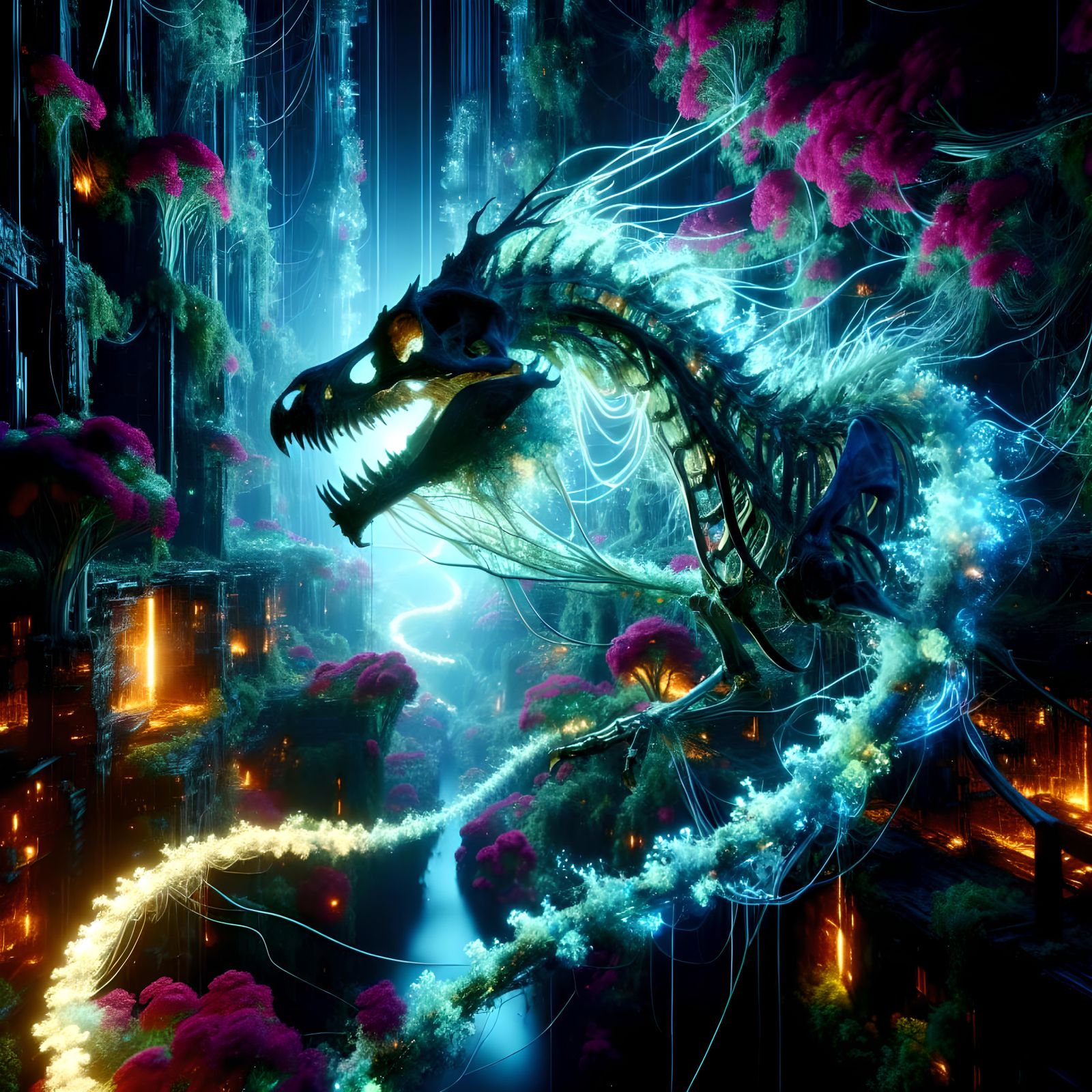 Dragon Skeleton with Neon Vines in Futuristic City