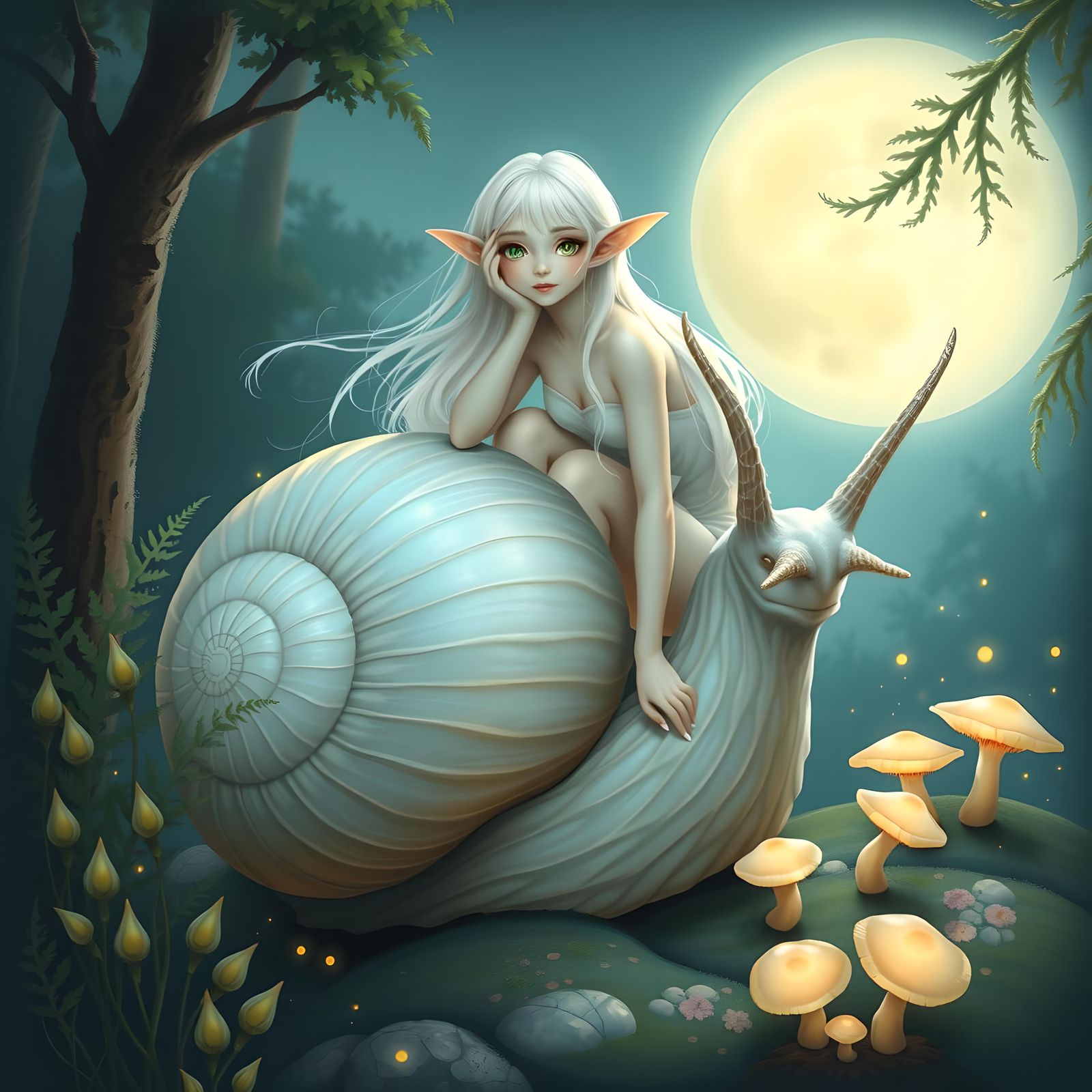 Albino Elf Perched on a Fantasy Snail