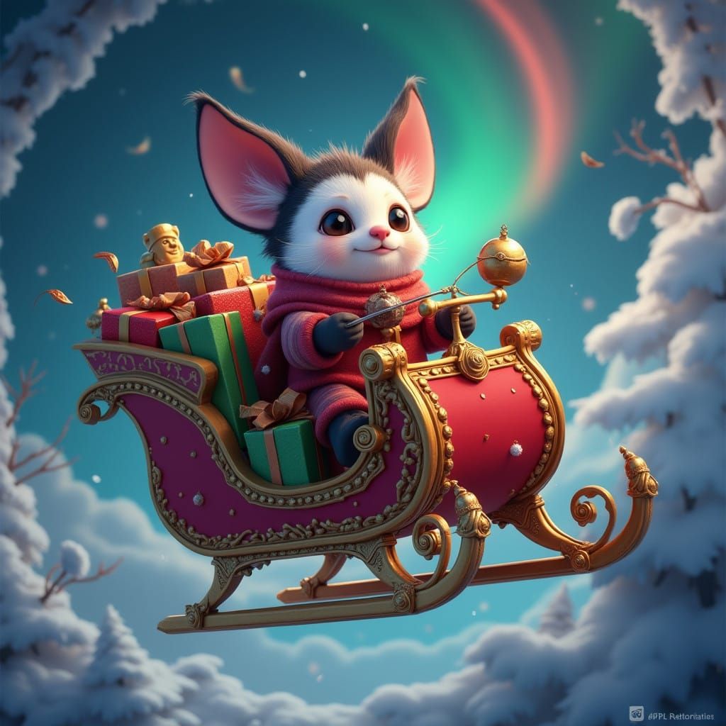 Mystical Mogwai Christmas Sleigh in Whimsical Fantasy Style