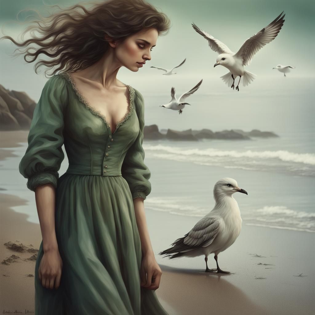 Romantic Couple Walking on Beach in Realistic Style