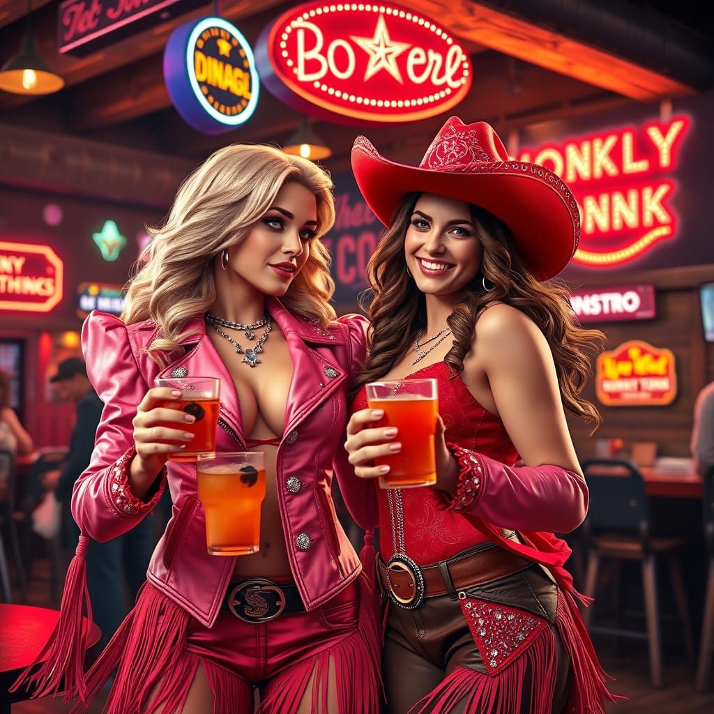 Glamorous Cowgirl Dancers in Neon Honky Tonk