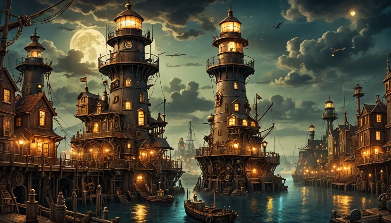 Steampunk Harbor at Night: Digital Illustration