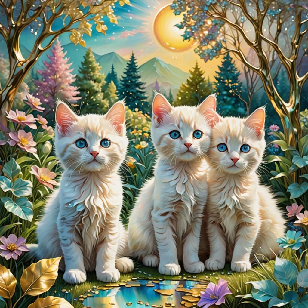 Whimsical Kittens in Iridescent Mother-of-Pearl Garden