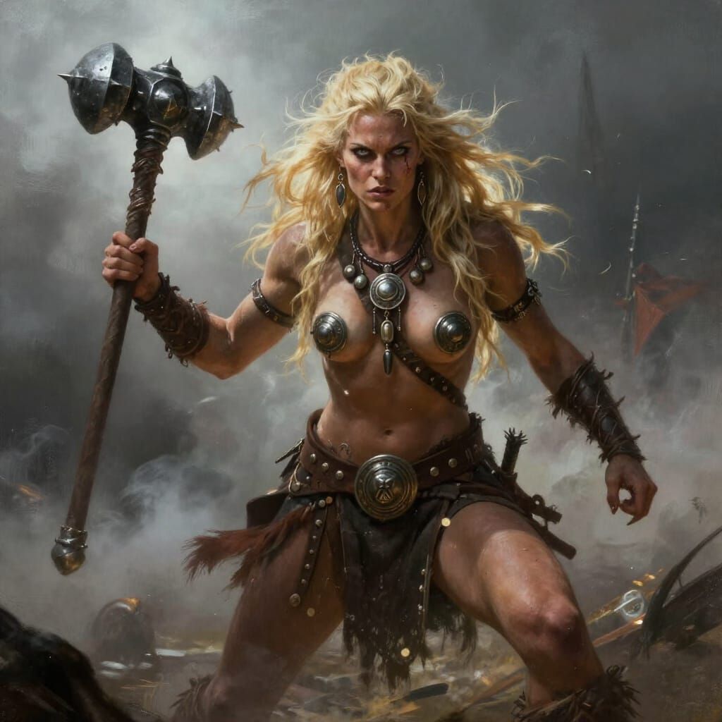 Germanic Warrior Woman with Spiked Club in Dark Fantasy Styl...
