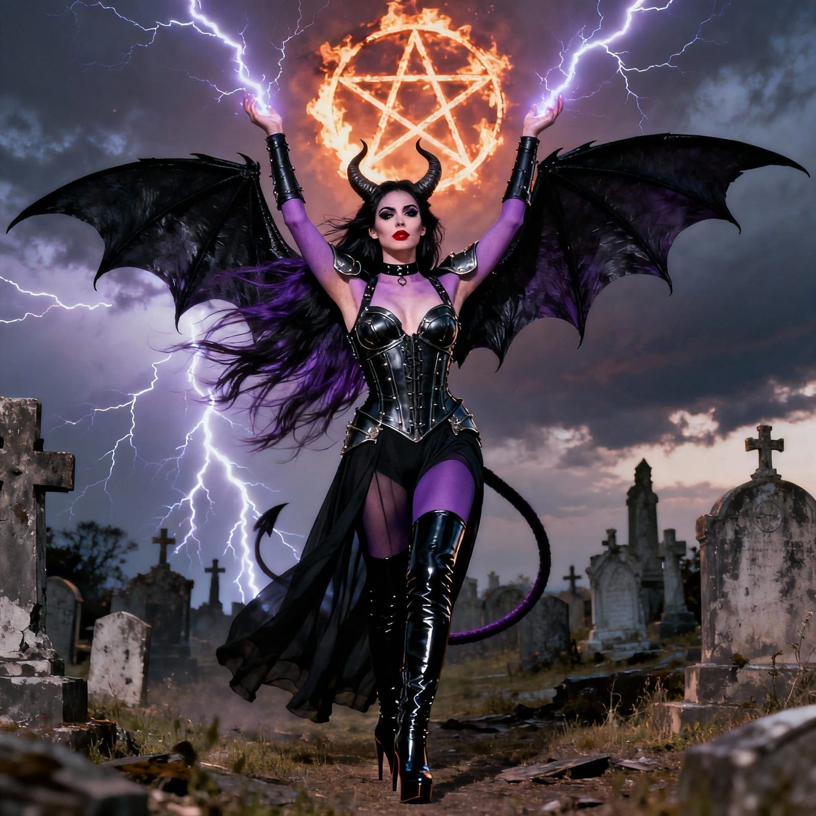 Goddess with Black Purple Hair and Leathery Wings