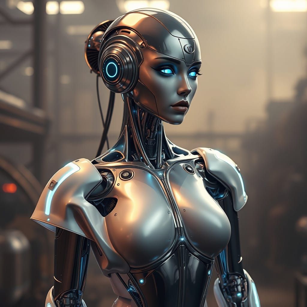 Glowing Metallic Female Robot in Futuristic Jumpsuit