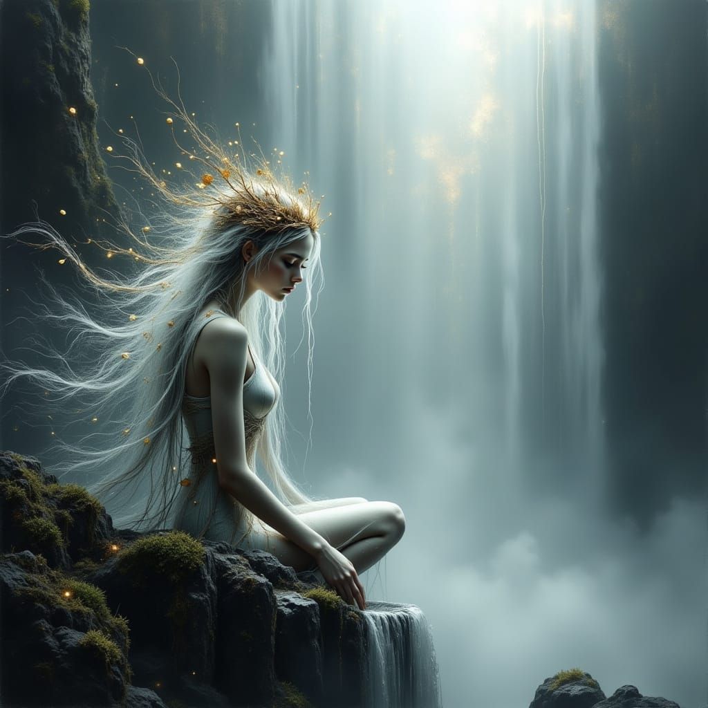 Ethereal Woman at Mystical Waterfall in Hyperrealism