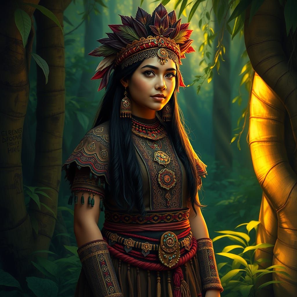 Woman in Forest with Warm Light, as Fantasy Art