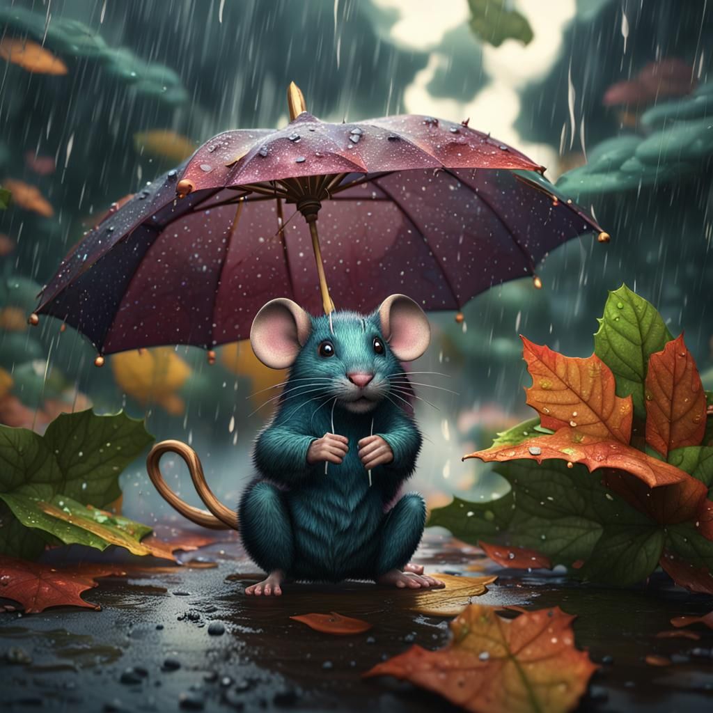 Mouse with Leaf Umbrella in Heavy Rain