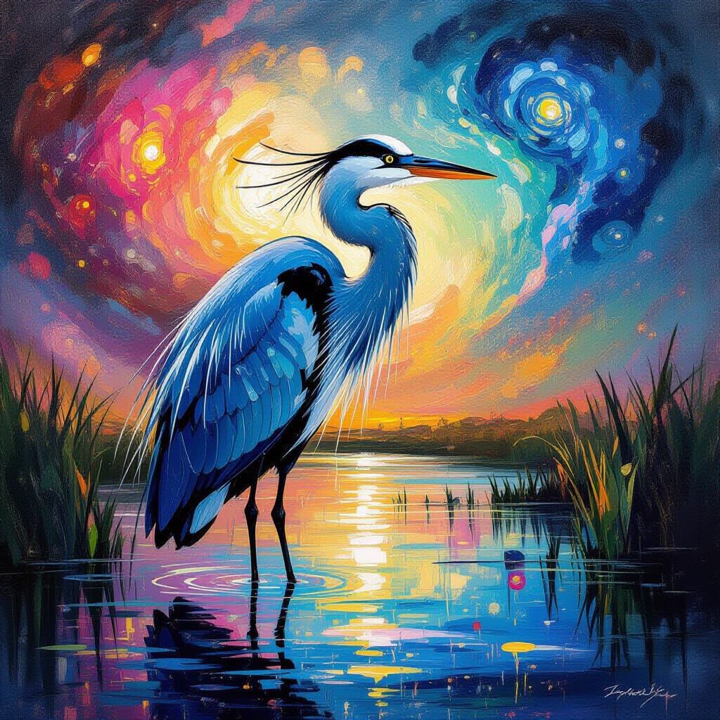 Colossal Ancient Heron in Cosmic Bioluminescent Swamp