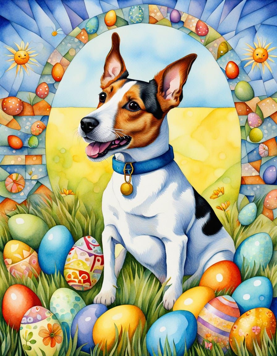 Cubist Easter Scene with Jack Russell Dog