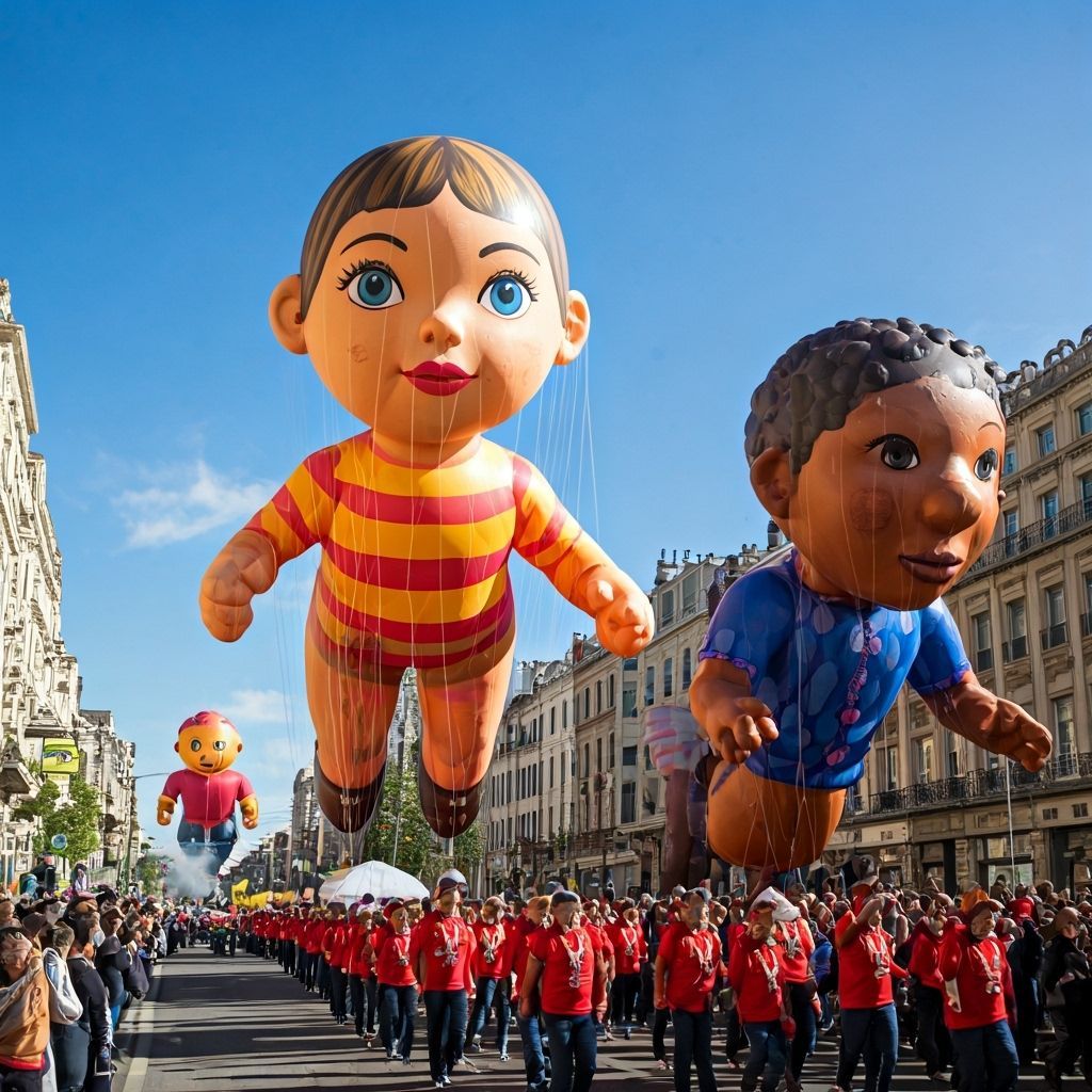 Giant Floating Characters in a "Balloon Day" Parade