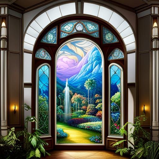 Art Nouveau Window into Ethereal Fairy Garden