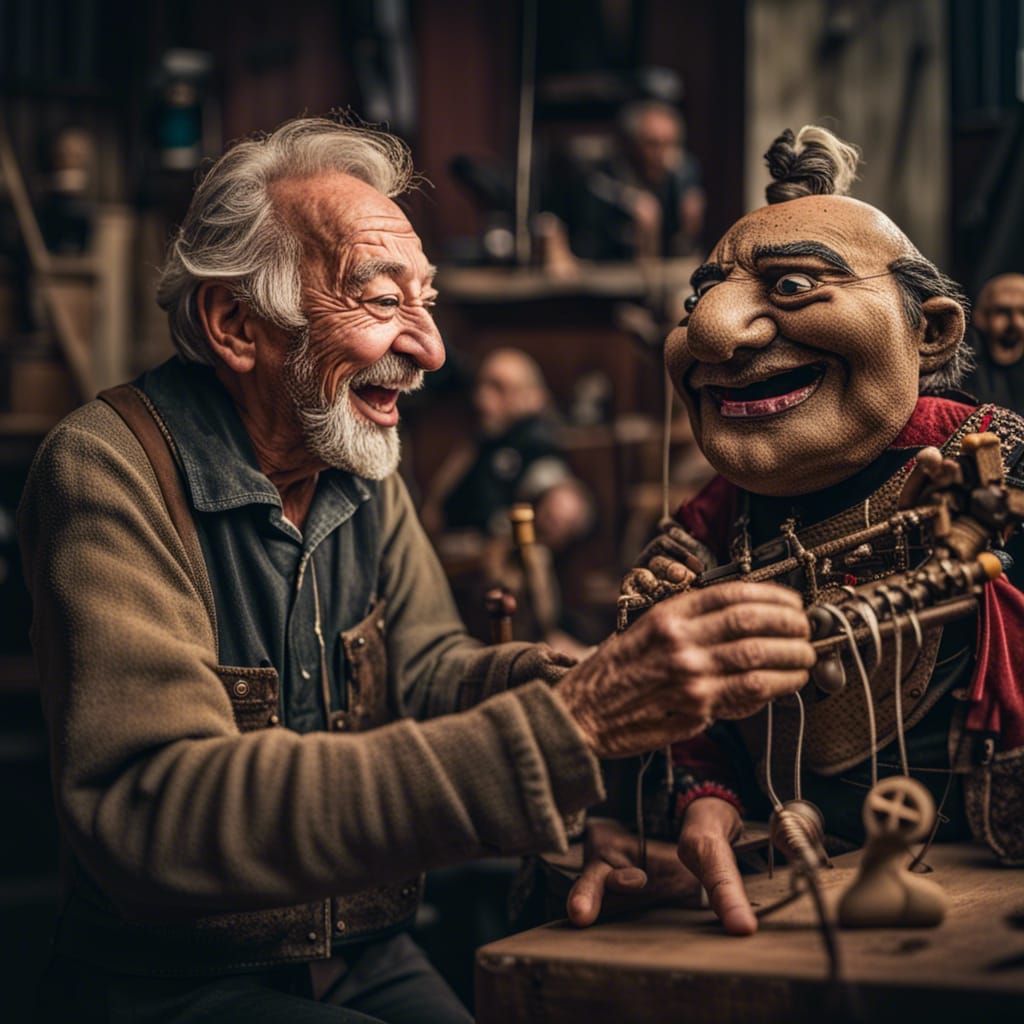 Happy Puppeteer in Workshop, Hyperrealistic Photo