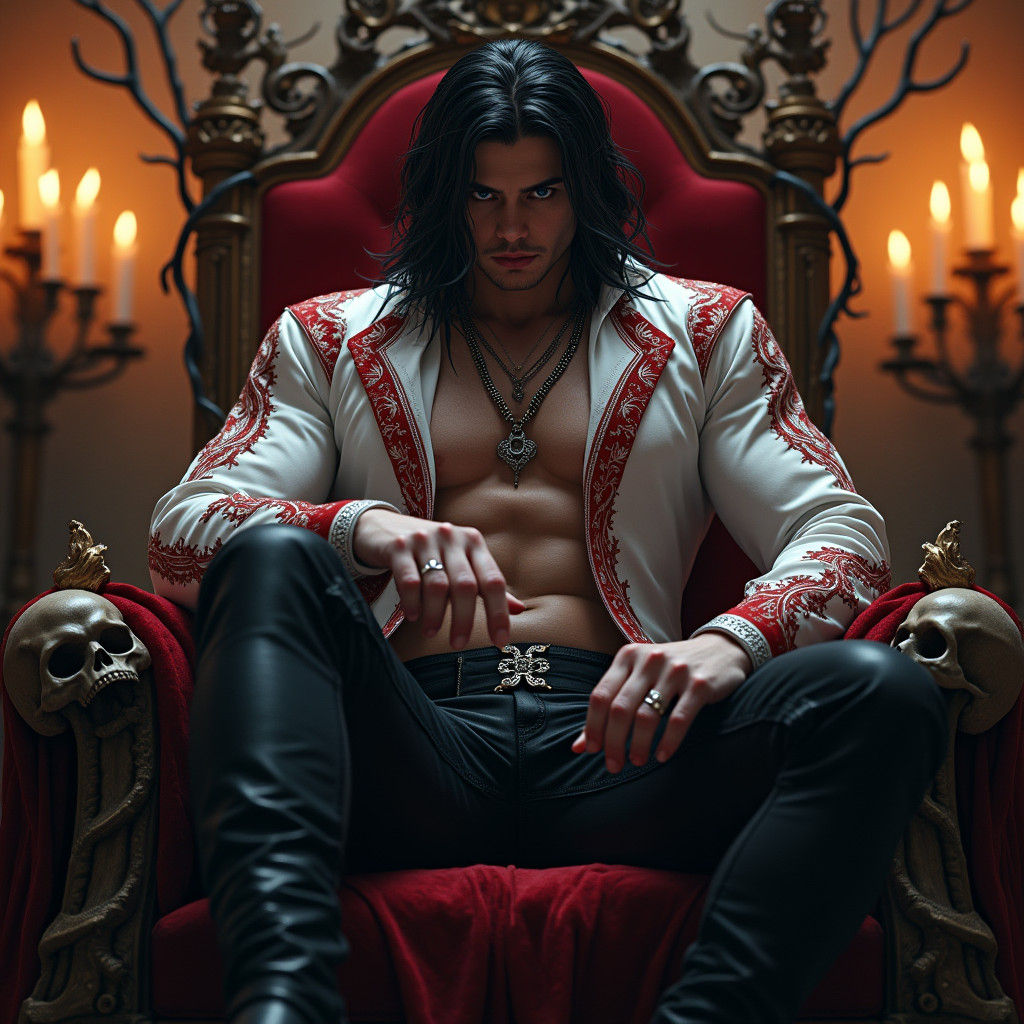 Gothic Man Near Bone Throne with Flickering Candles