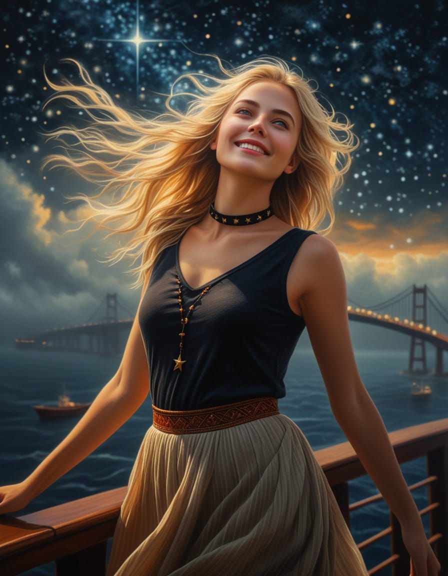 Ethereal Woman Under Starry Skies in Chiaroscuro Oil Paintin...