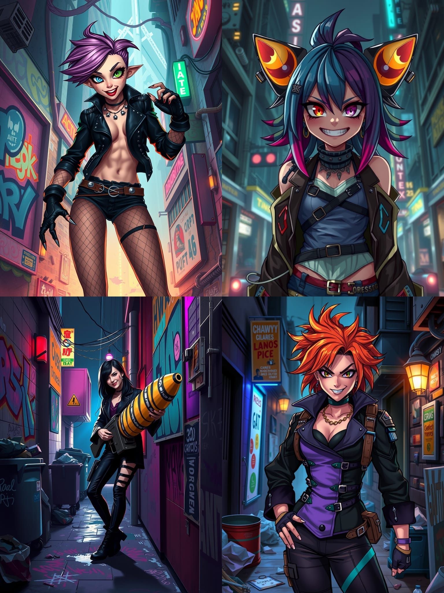 all in the style of Jinx from Arcane. Jinx is female