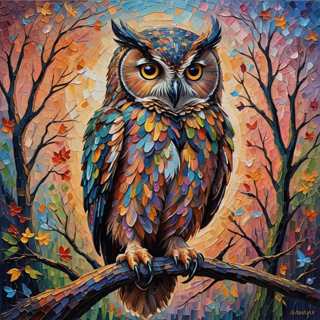 Owl at Sundown: Neo-Impressionist Expressionist Oil Painting