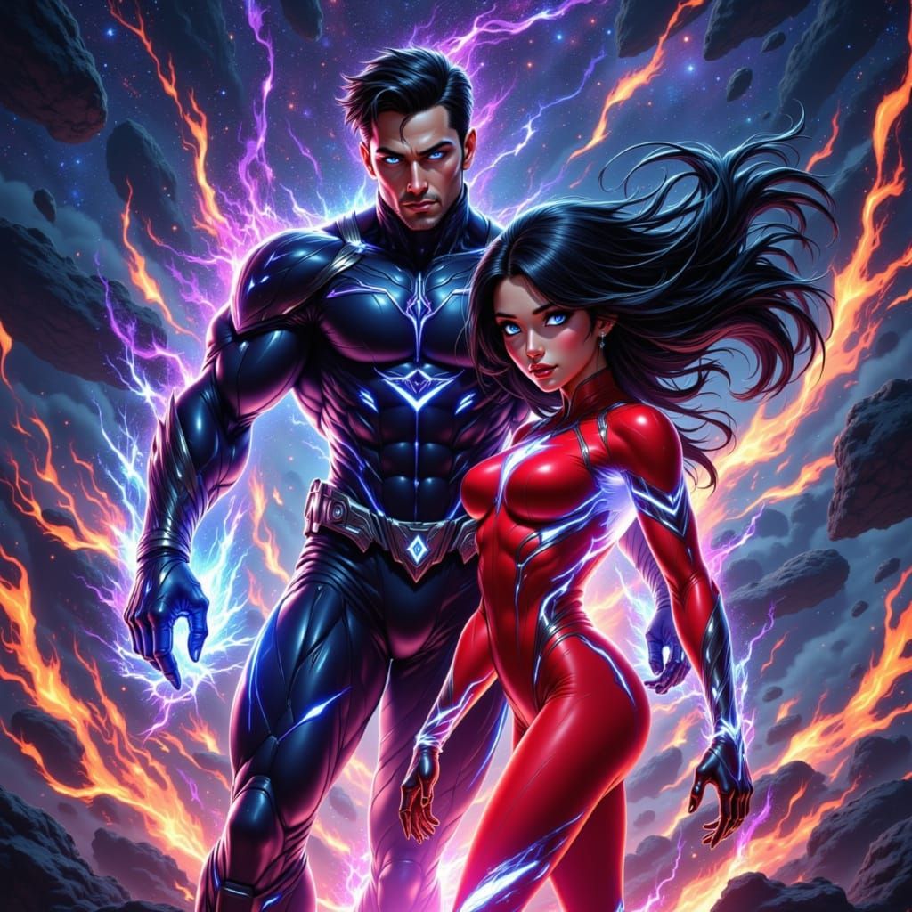 Nova Prime and Sarita Sonic in Futuristic Comic Style