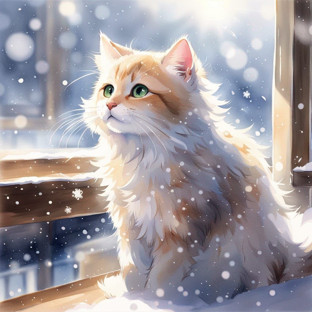 Anime Kitten's First Winter Snowfall