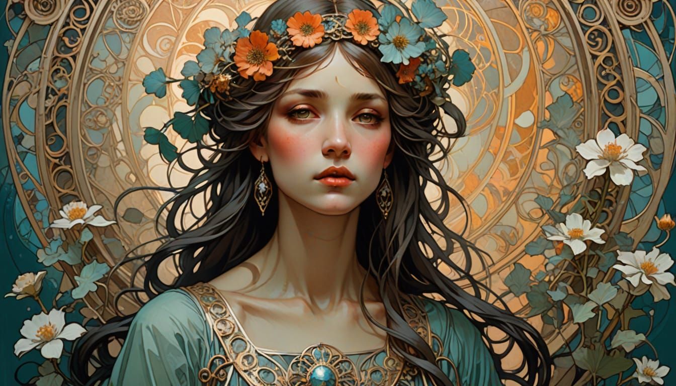 Hyperrealistic Portrait of Woman with Flowers in Art Nouveau...
