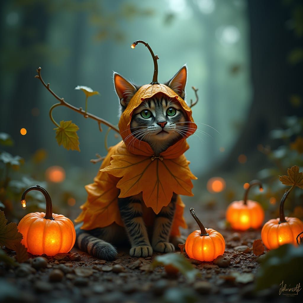Enchanting Cat in Dark Fantasy Pumpkin Patch