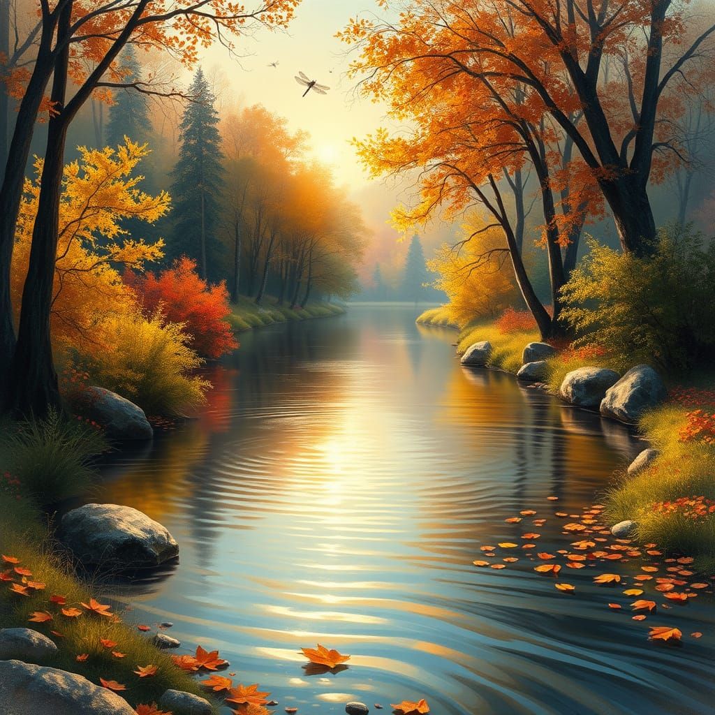 Autumn Riverbend Scene in Dreamy, Whimsical Style