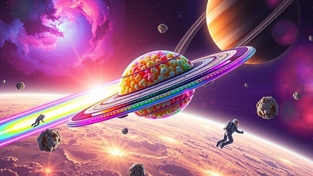 Popcorn Spaceship Soars Near Saturn in Sci-Fi Scene