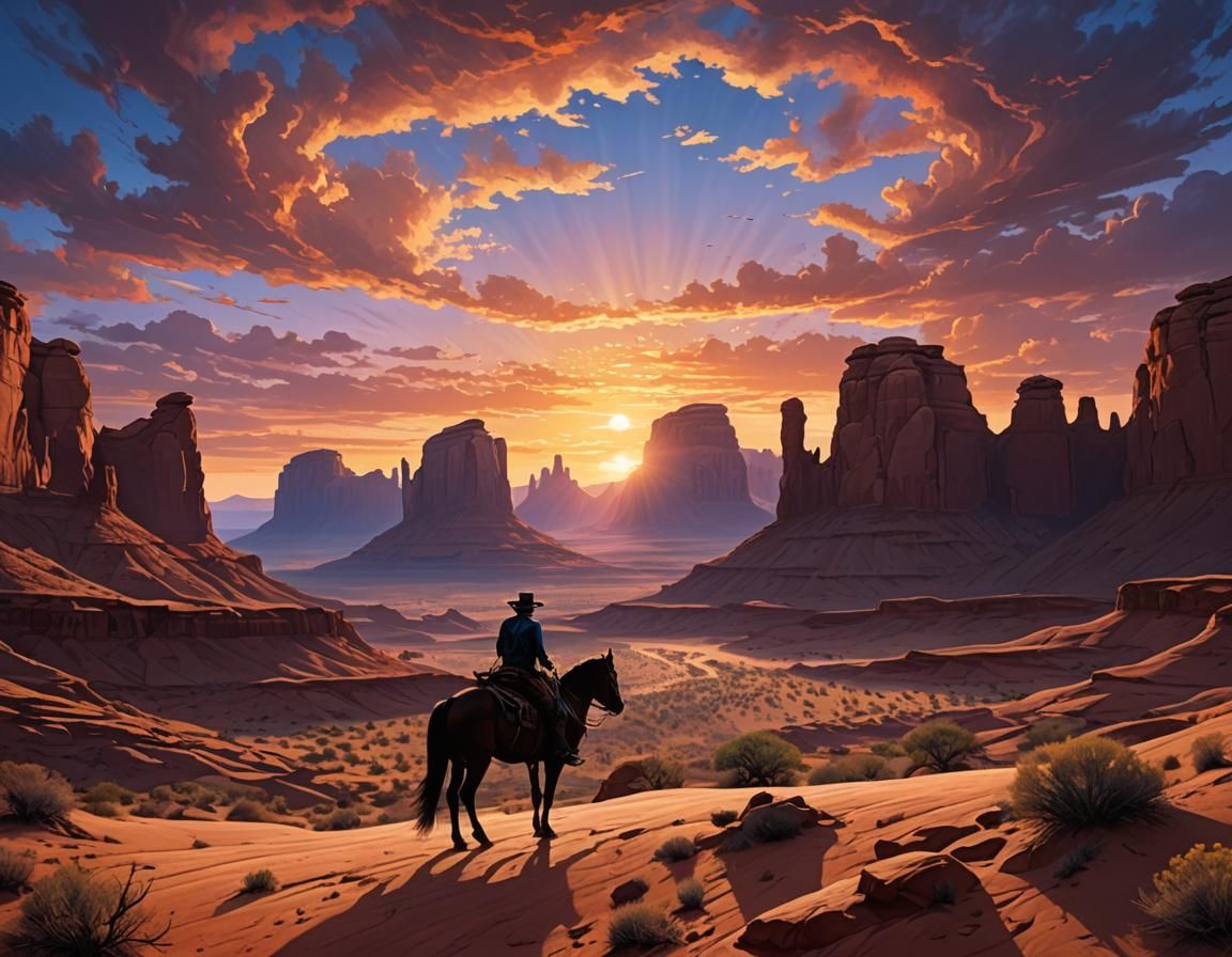 Cowboy Silhouette at Desert Sunset, Digital Illustration