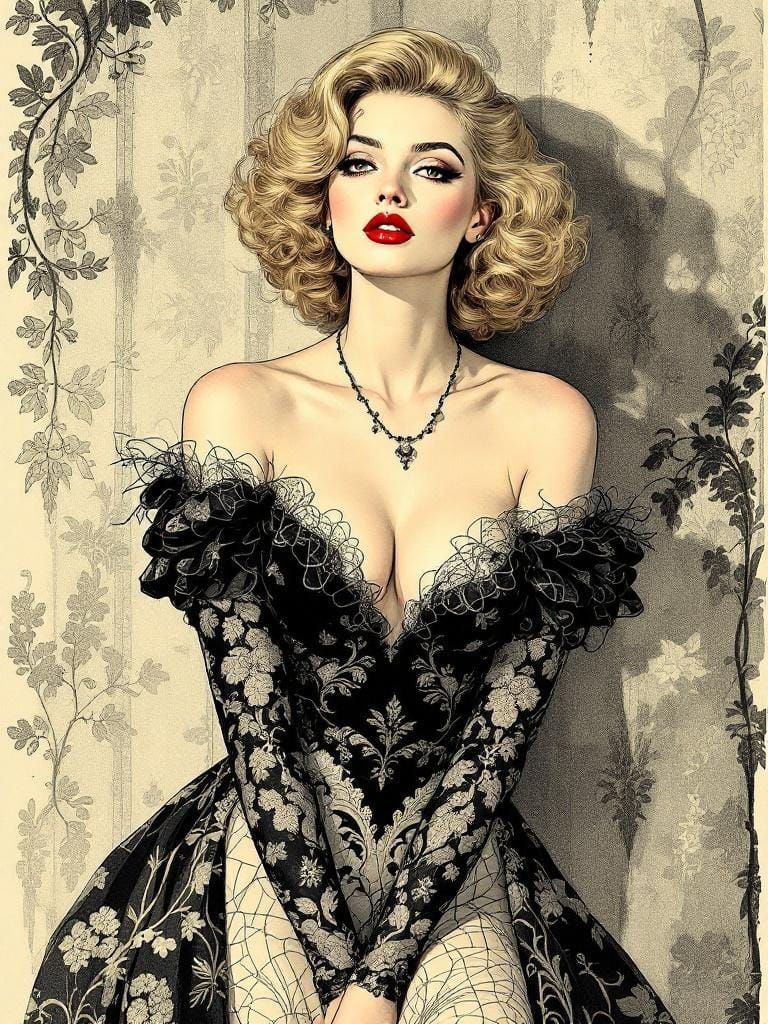 Elegant Pin-Up in Beardsley and Ingres Style