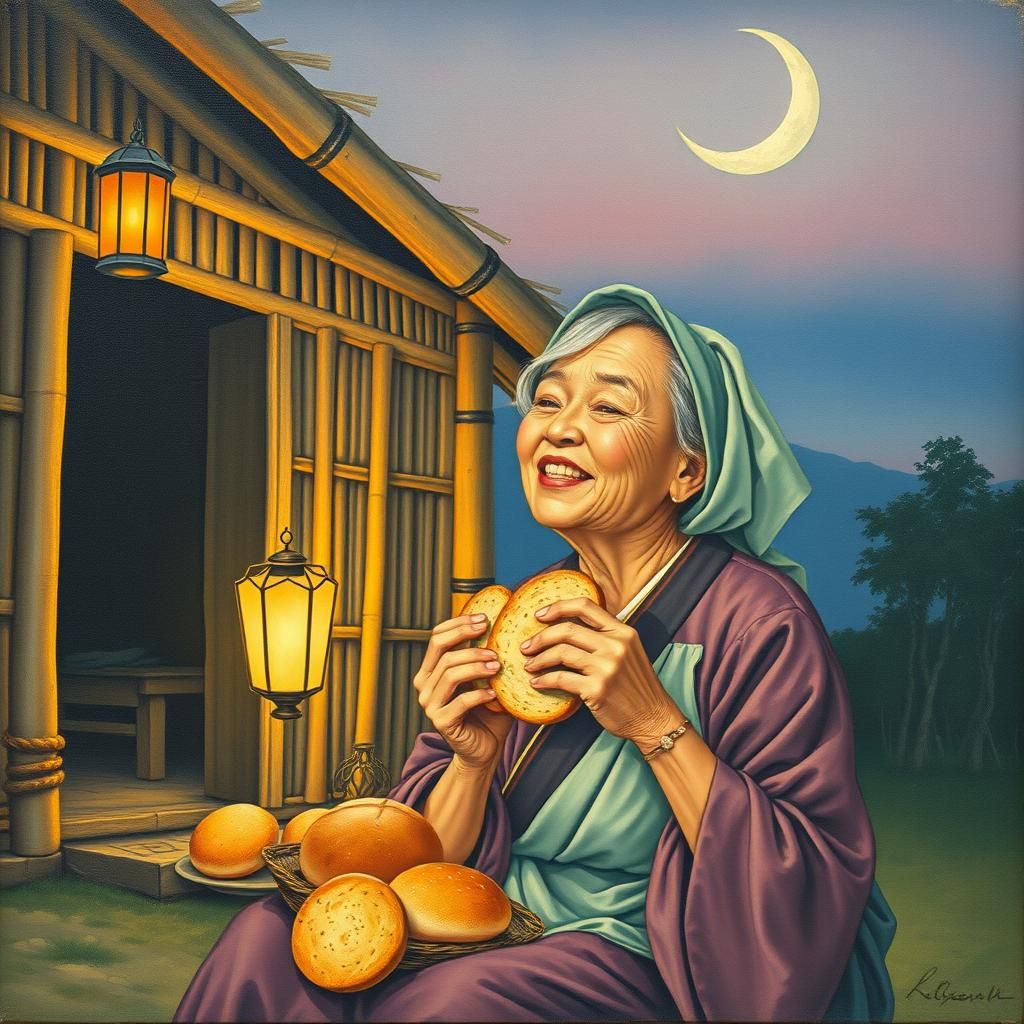 elderly washerwoman eating bread