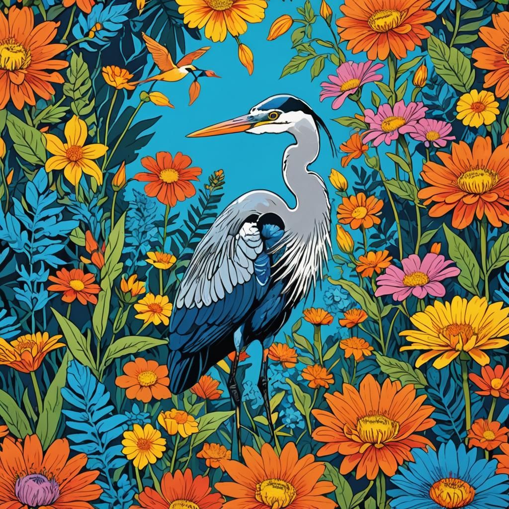 Pop Art Collage of Heron and Nature Elements