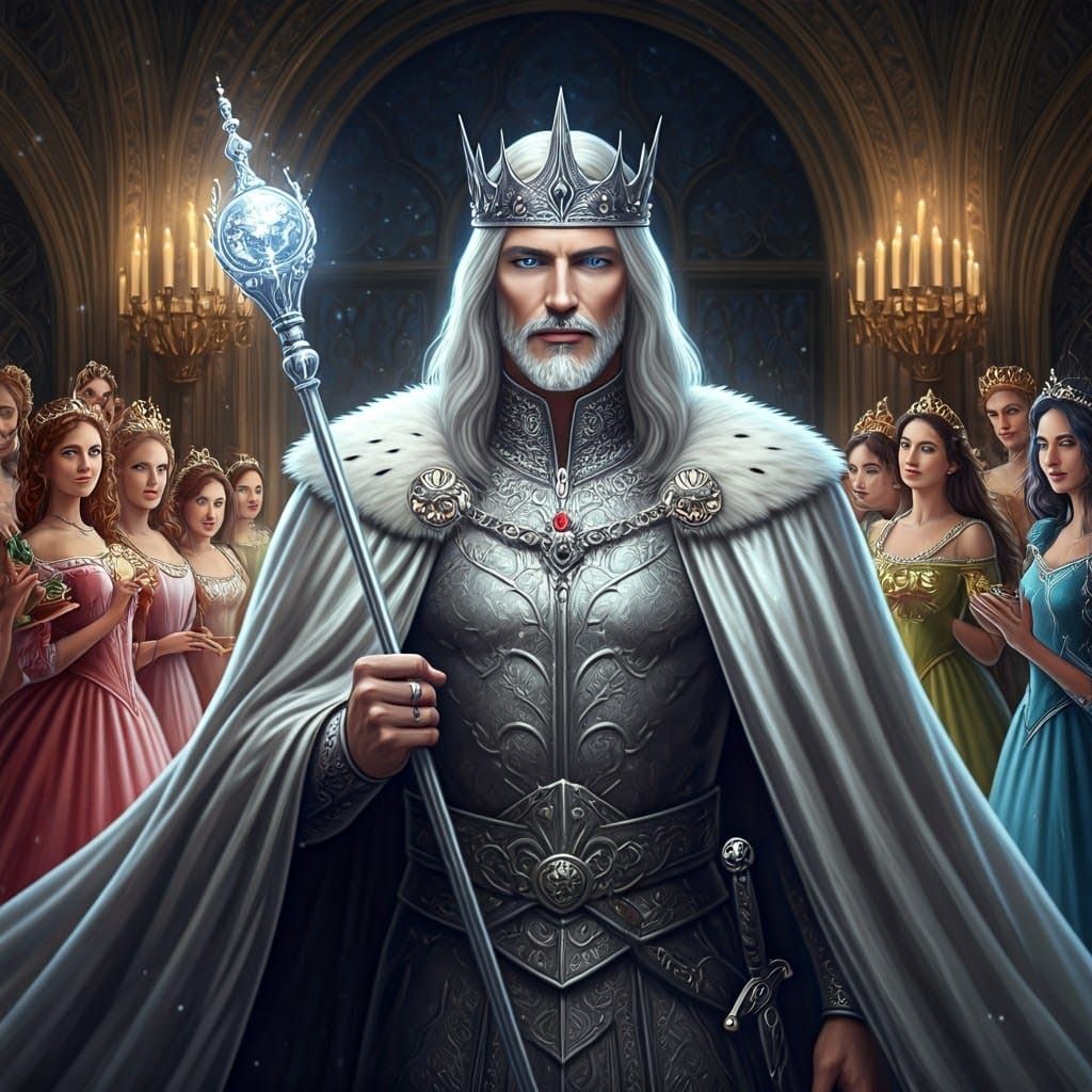 Majestic Silver-Haired King in Regal Attire