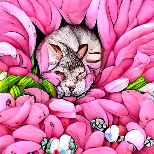 Sleeping Cat Surrounded by Pastel Pink Flowers