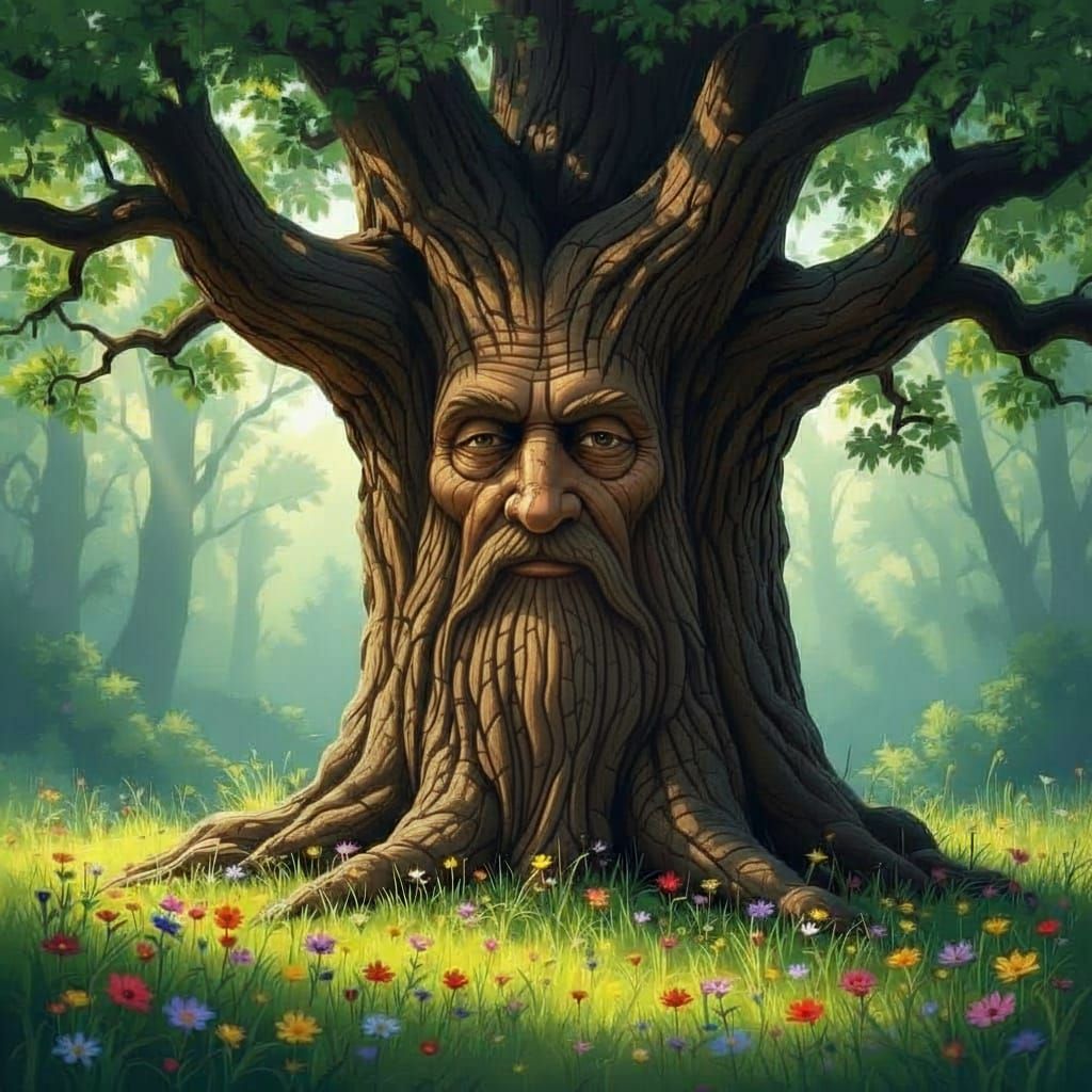 Wise Old Oak Tree in Tranquil Forest Grove