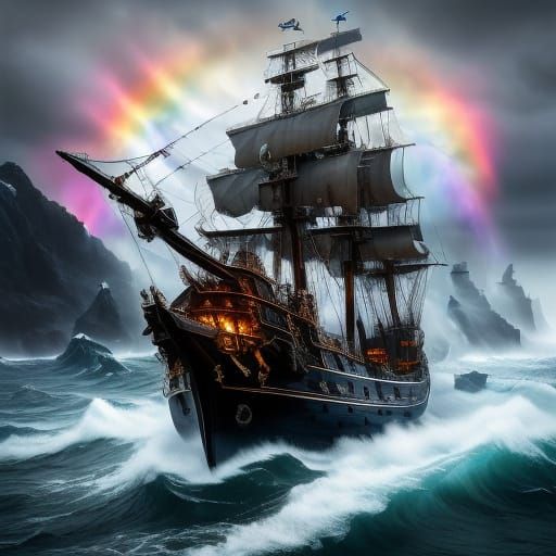 <lora:ShipShaper:1.0> sailing ship in pounding heavy seas su...