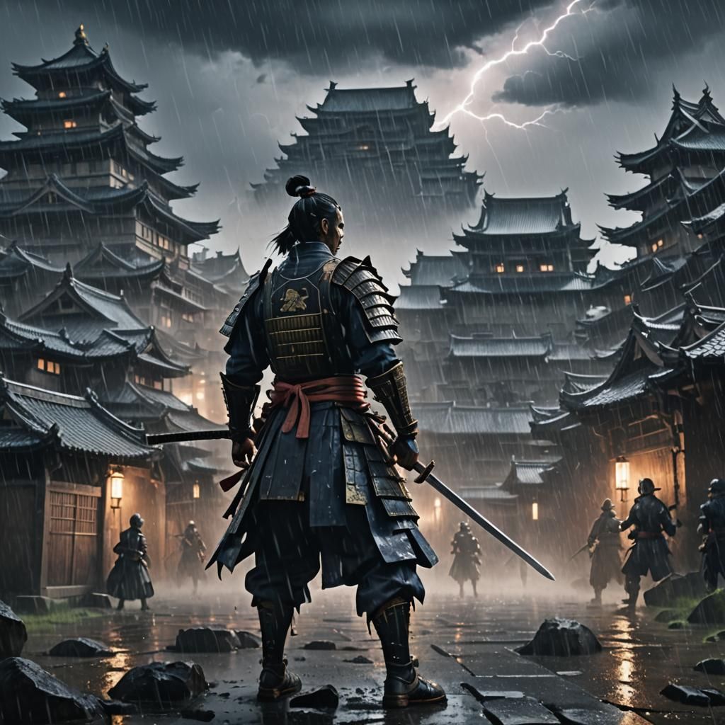 Samurai Stands Ready Before Castle in Anime Style
