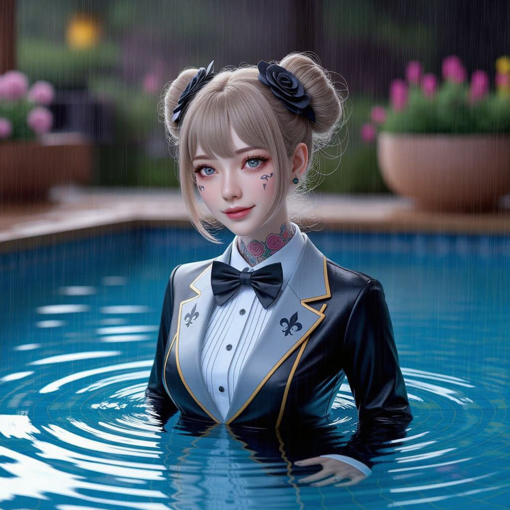 Summer Rain Portrait of Woman in Pool