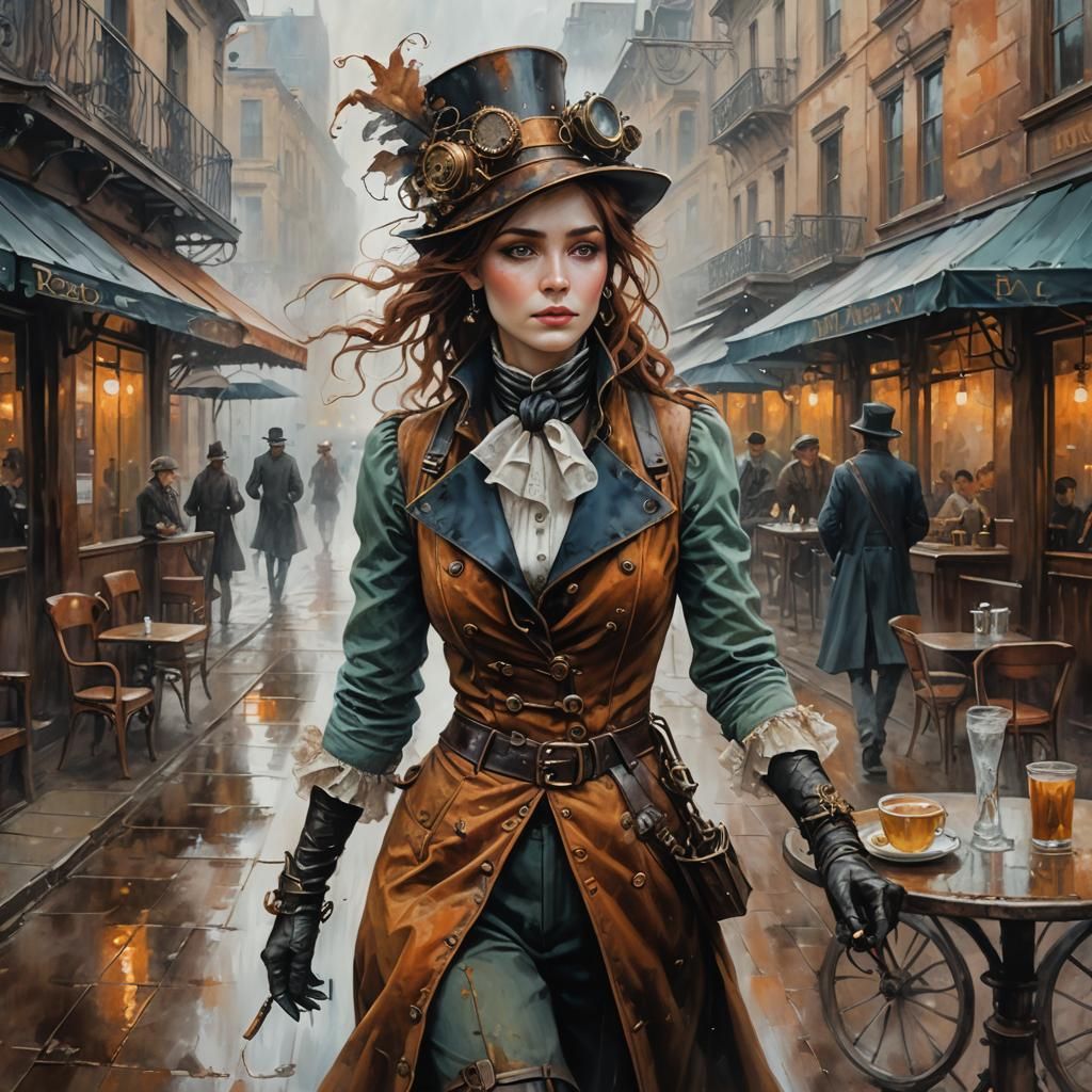 Steampunk-woman walking through the city