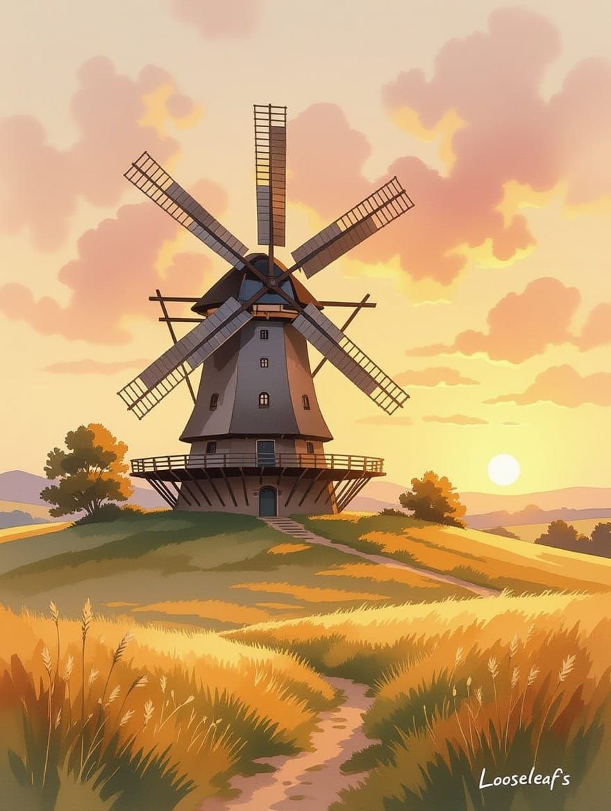 Old Windmill in Golden Light, Dreamy Watercolor
