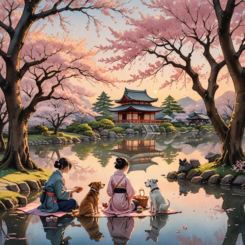 Japanese Woman's Cherry Blossom Picnic in Watercolor Style