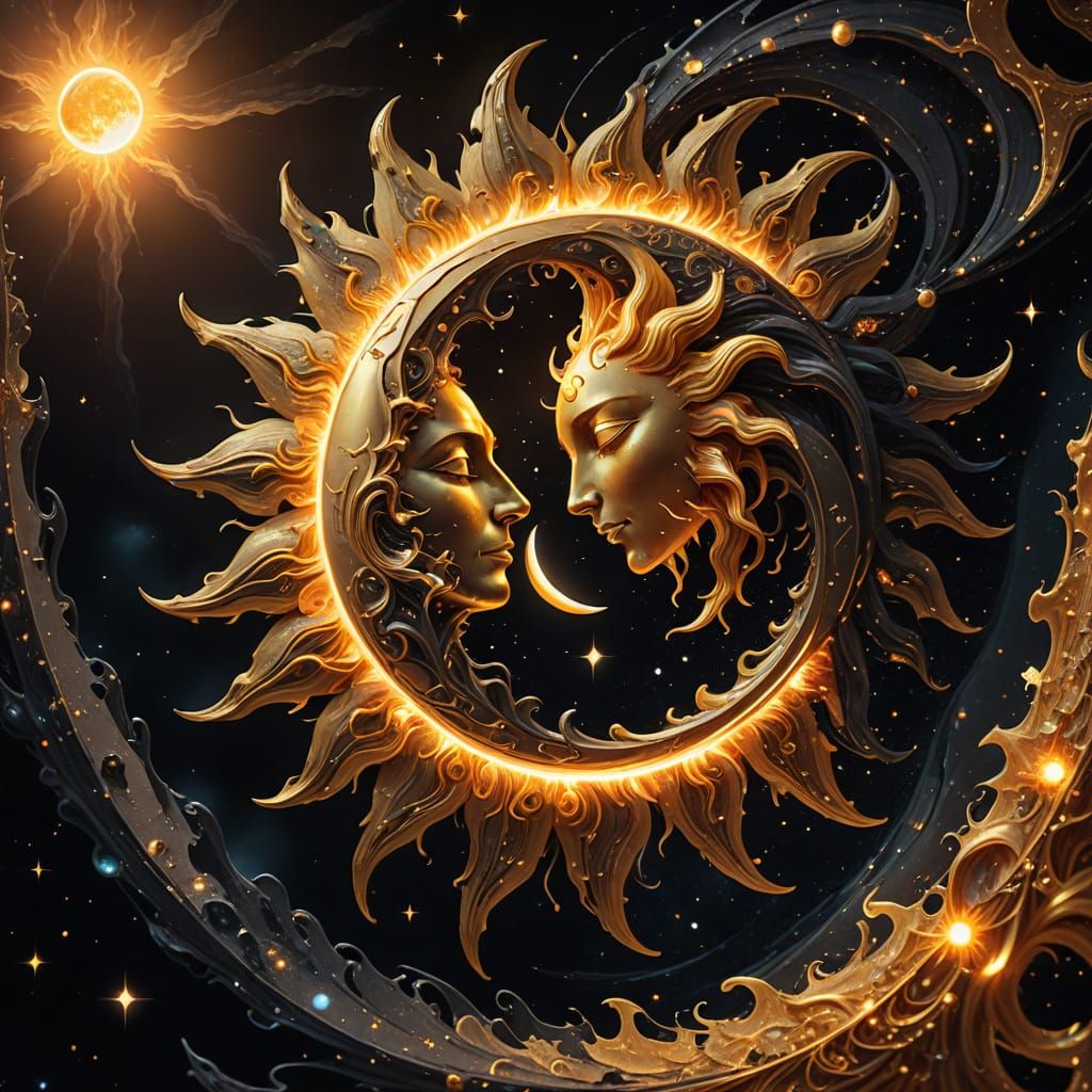 Cosmic Surrealism: Sun and Moon Entwined